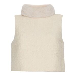 Cara Cara Cream Faux Fur Trim Sleeveless Turtleneck Top